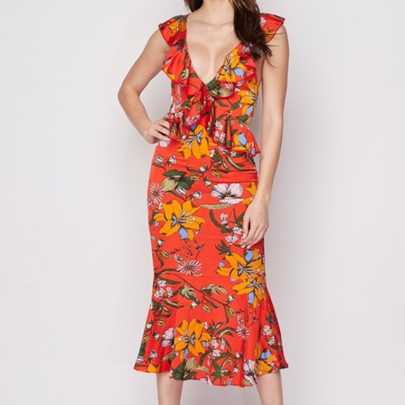 🐦‍🔥Floral 🐦‍🔥 Ruffled Mermaid Midi Dress - Red (B) - Picture 5 of 6